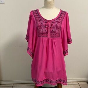 Velzera Top Women’s Size L/XL Pink Embroidered Bohemian Tunic Top